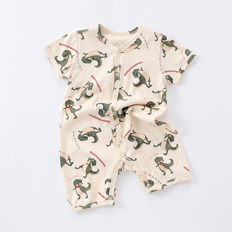 Summer Baby Boys and Girls Cartoon Print Short Sleeves Button Front shirt in black, green, and brown colors, featuring playful cartoon designs.