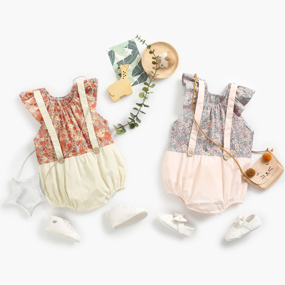 Summer Baby Girls Floral Pattern Sleeveless Onesies in pink and khaki colors, made from soft cotton, featuring a charming floral design.