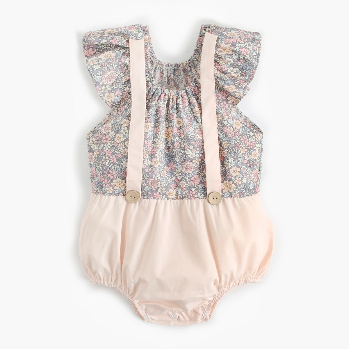 Summer Baby Girls Floral Pattern Sleeveless Onesies in pink and khaki colors, made from soft cotton, featuring a charming floral design.