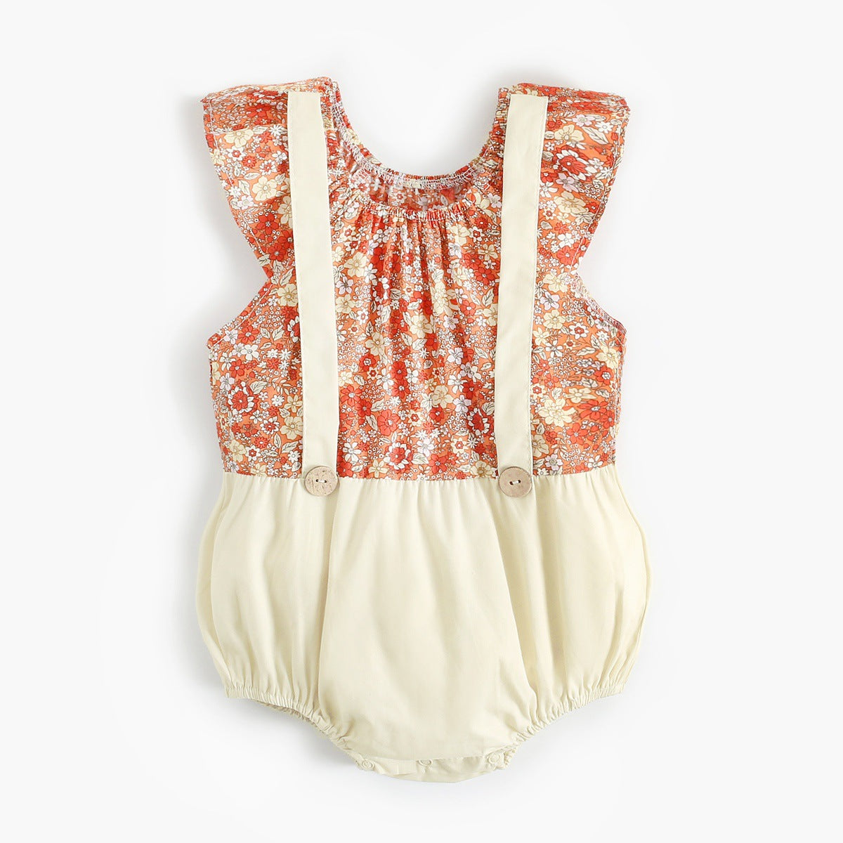 Summer Baby Girls Floral Pattern Sleeveless Onesies in pink and khaki colors, made from soft cotton, featuring a charming floral design.