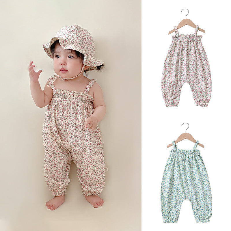 Summer Baby Girls Floral Printing Sleeveless Strap Romper in pink and green with matching hat, perfect for warm weather.