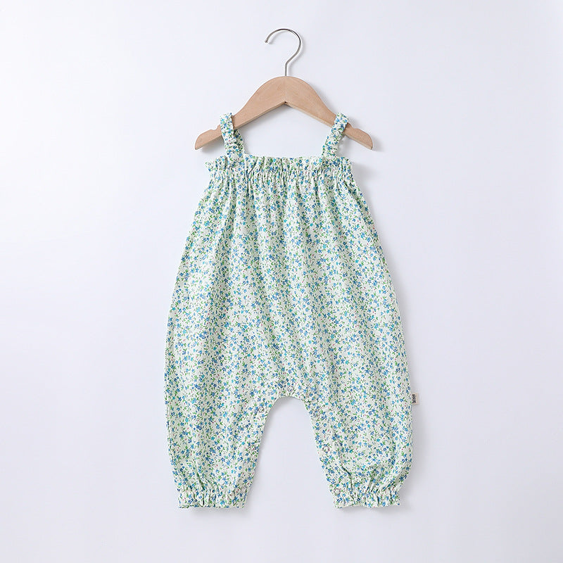 Summer Baby Girls Floral Printing Sleeveless Strap Romper in pink and green with matching hat, perfect for warm weather.