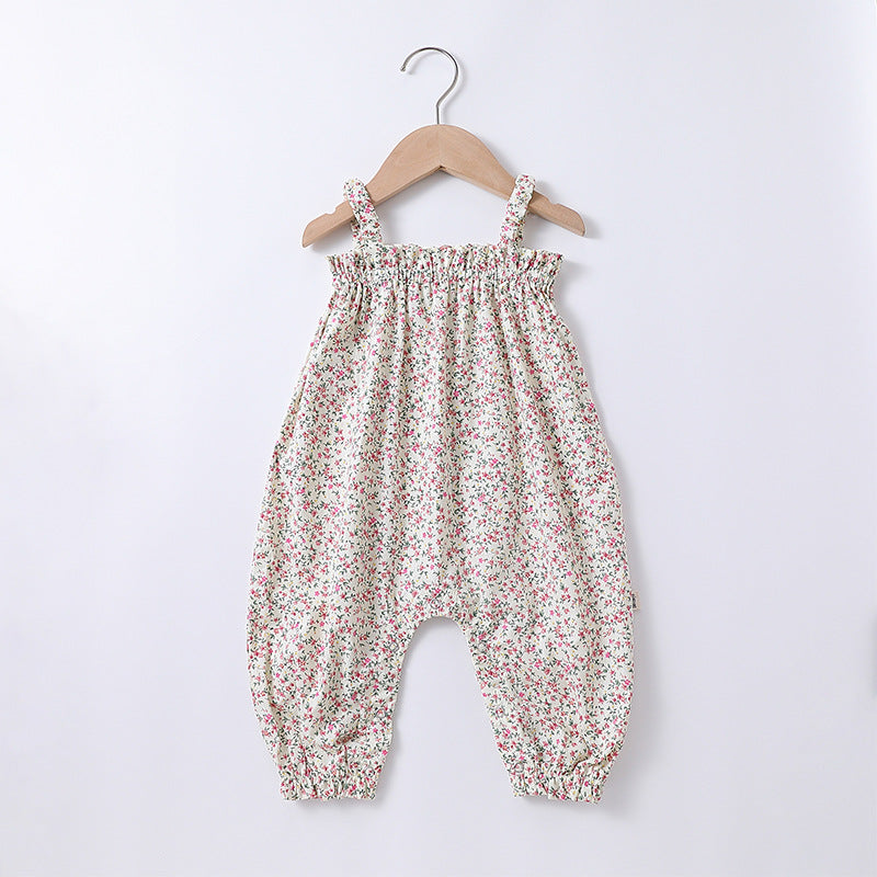 Summer Baby Girls Floral Printing Sleeveless Strap Romper in pink and green with matching hat, perfect for warm weather.