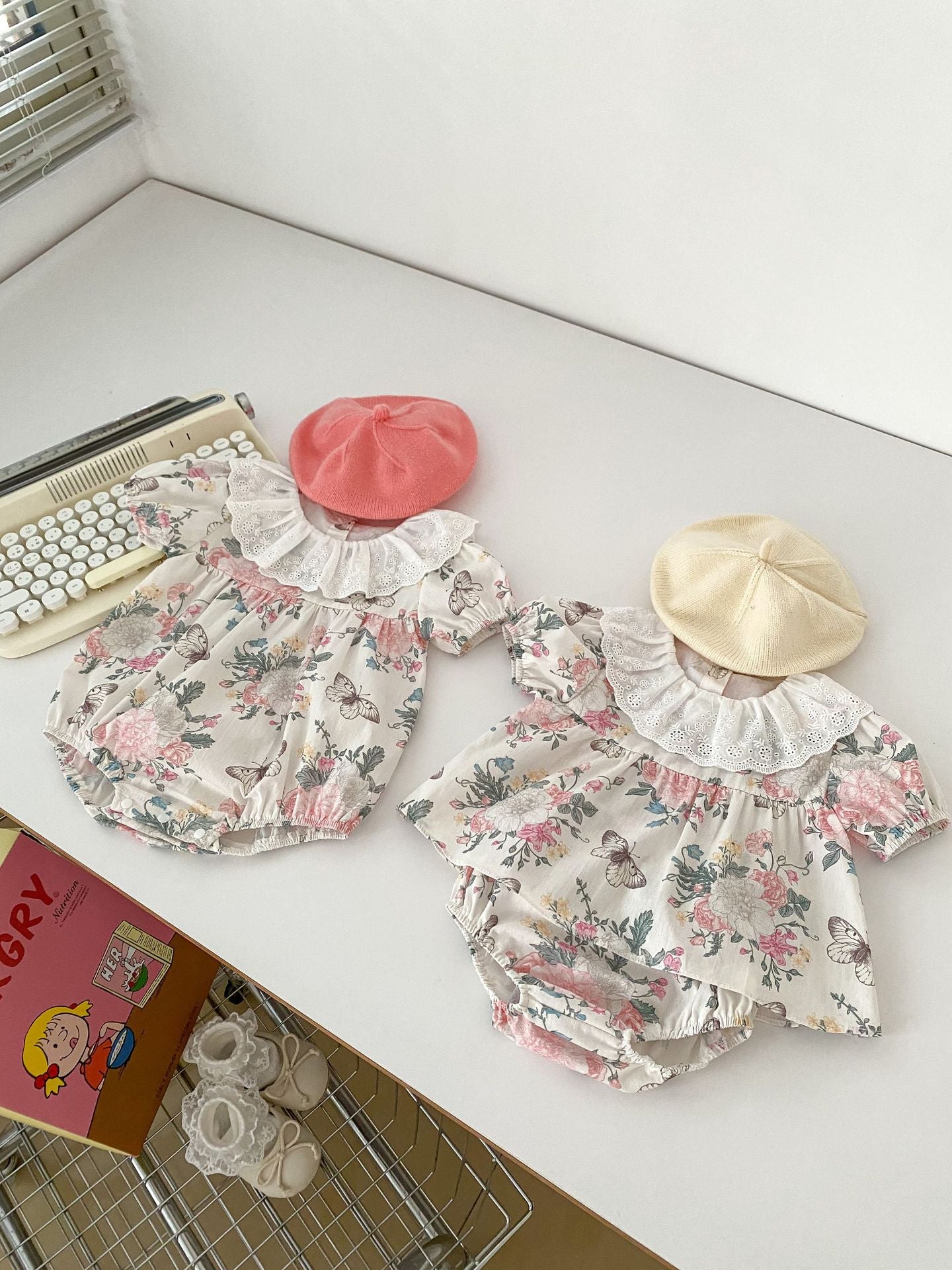 Summer Baby Girls Flowers and Butterfly Pattern Short Sleeves in pink and beige, showcasing floral and butterfly designs.