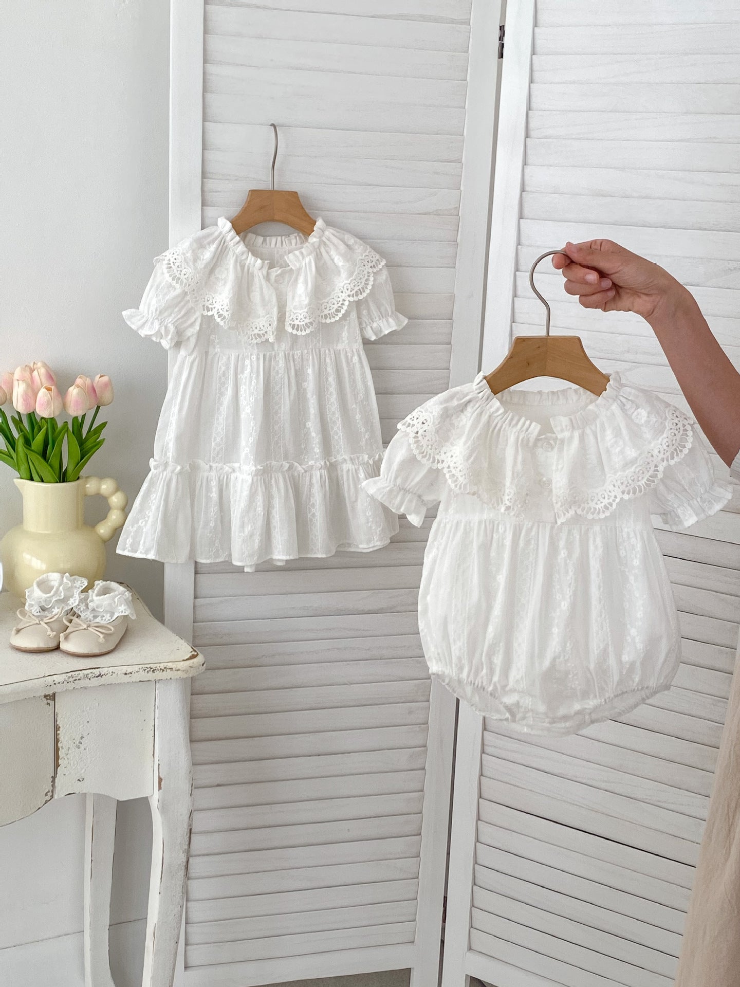 Summer Baby Girls dress featuring floral embroidery and lace collar, available in white and beige, perfect for warm weather.