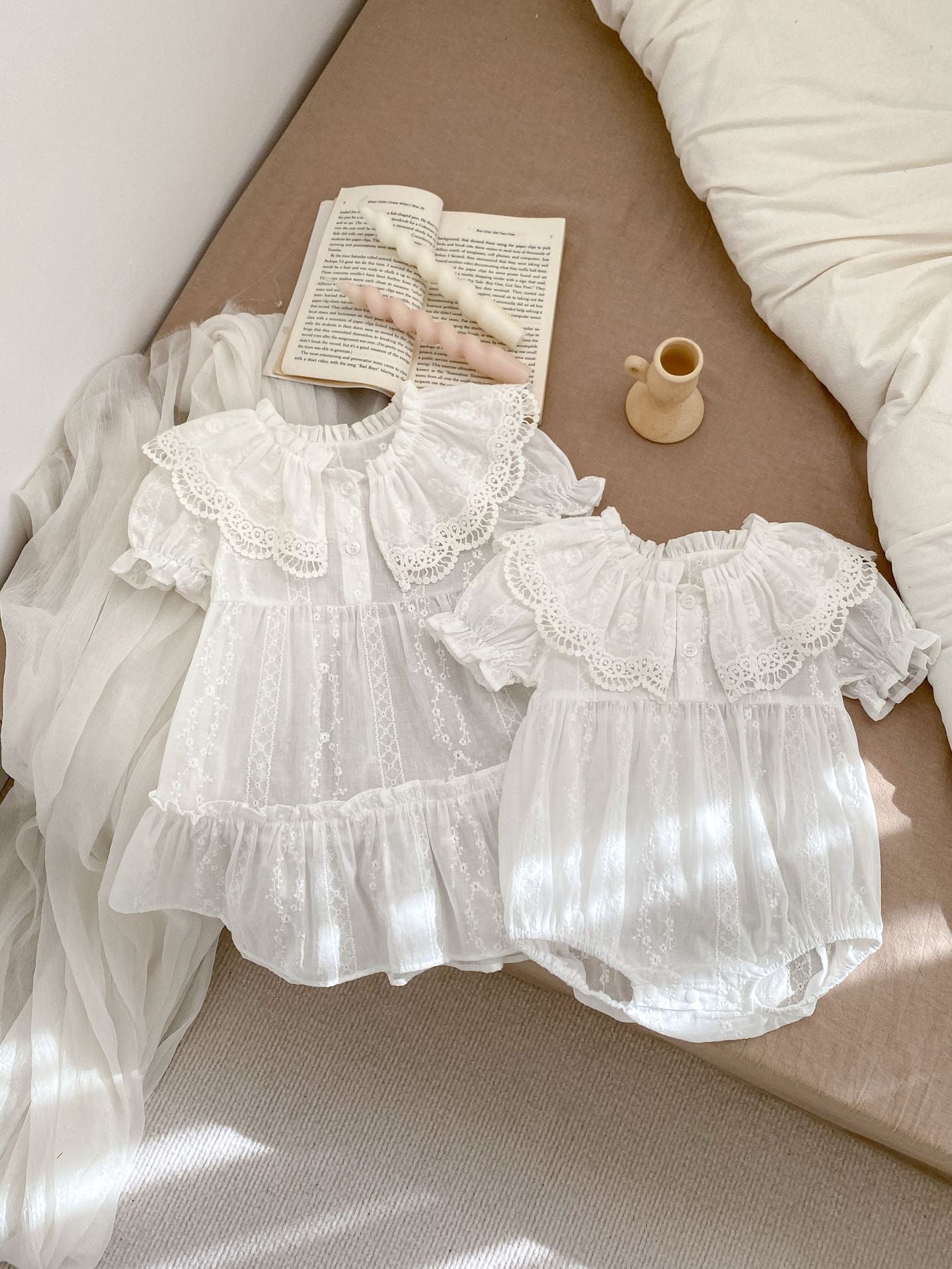 Summer Baby Girls dress featuring floral embroidery and lace collar, available in white and beige, perfect for warm weather.