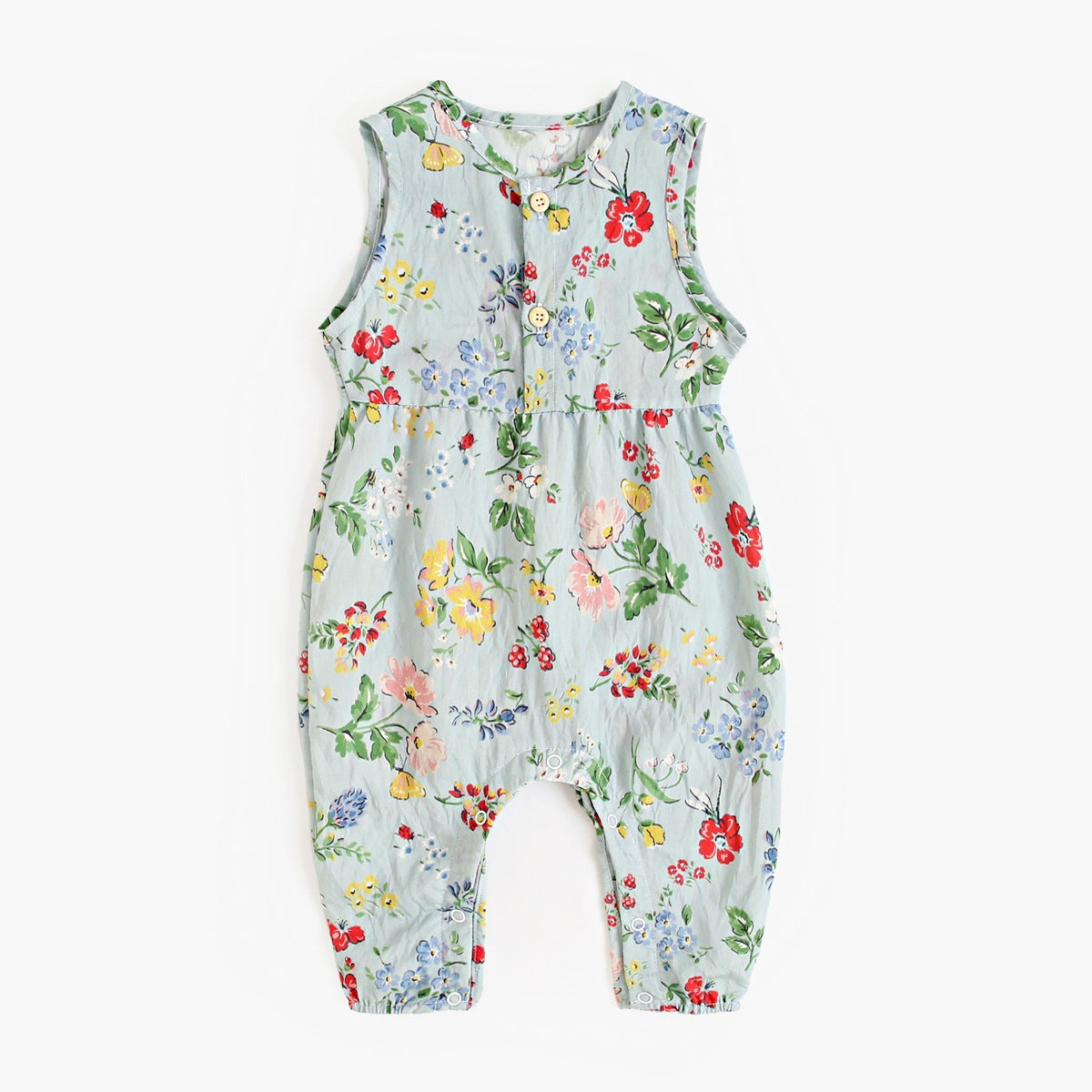 Summer baby girls floral pattern sleeveless V neck romper in blue and apricot colors, made from cotton blend fabric.