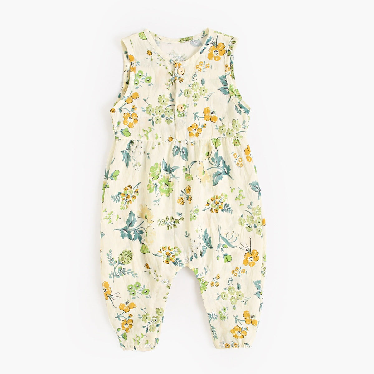 Summer baby girls floral pattern sleeveless V neck romper in blue and apricot colors, made from cotton blend fabric.