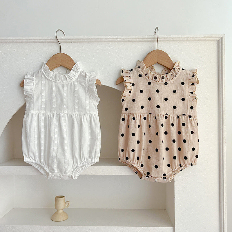 Summer Baby Girls Sleeveless Onesie in white with polka dots, made from cotton and polyester, perfect for warm weather.