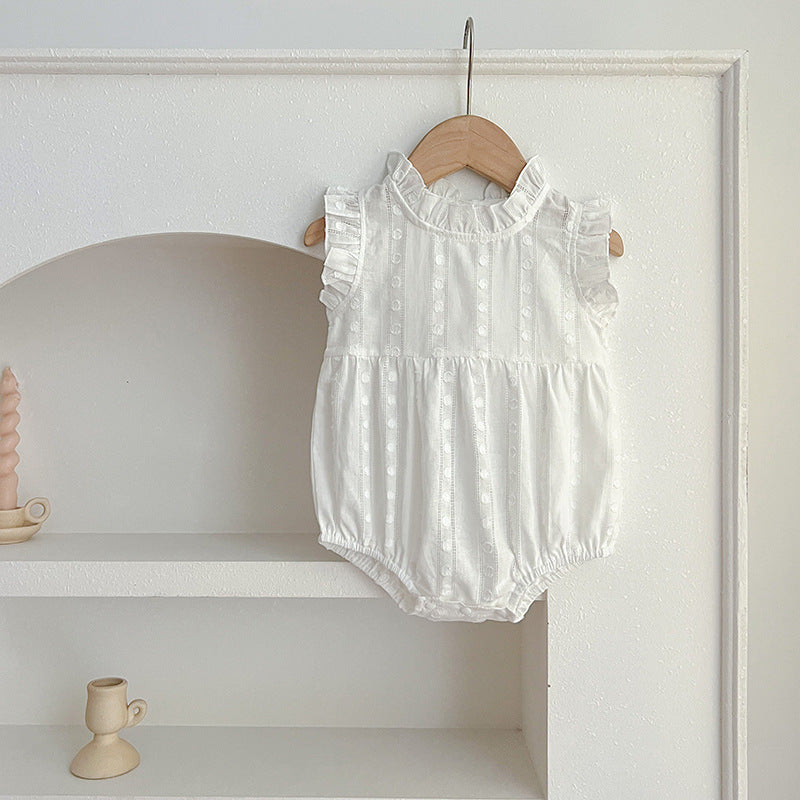 Summer Baby Girls Sleeveless Onesie in white with polka dots, made from cotton and polyester, perfect for warm weather.