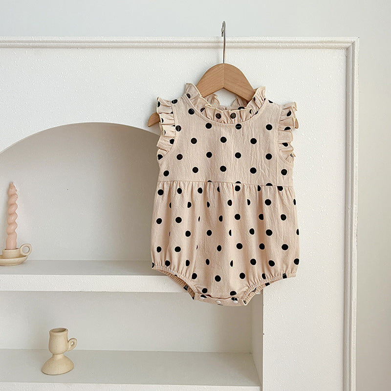 Summer Baby Girls Sleeveless Onesie in white with polka dots, made from cotton and polyester, perfect for warm weather.