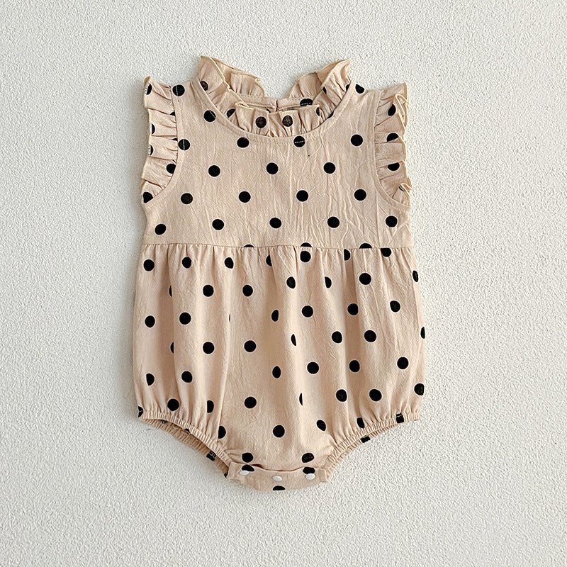 Summer Baby Girls Sleeveless Onesie in white with polka dots, made from cotton and polyester, perfect for warm weather.