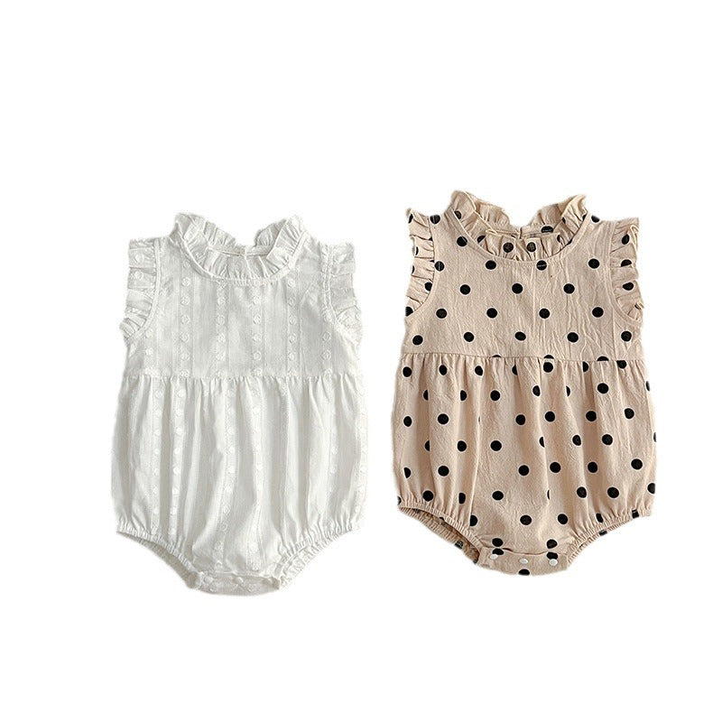 Summer Baby Girls Sleeveless Onesie in white with polka dots, made from cotton and polyester, perfect for warm weather.