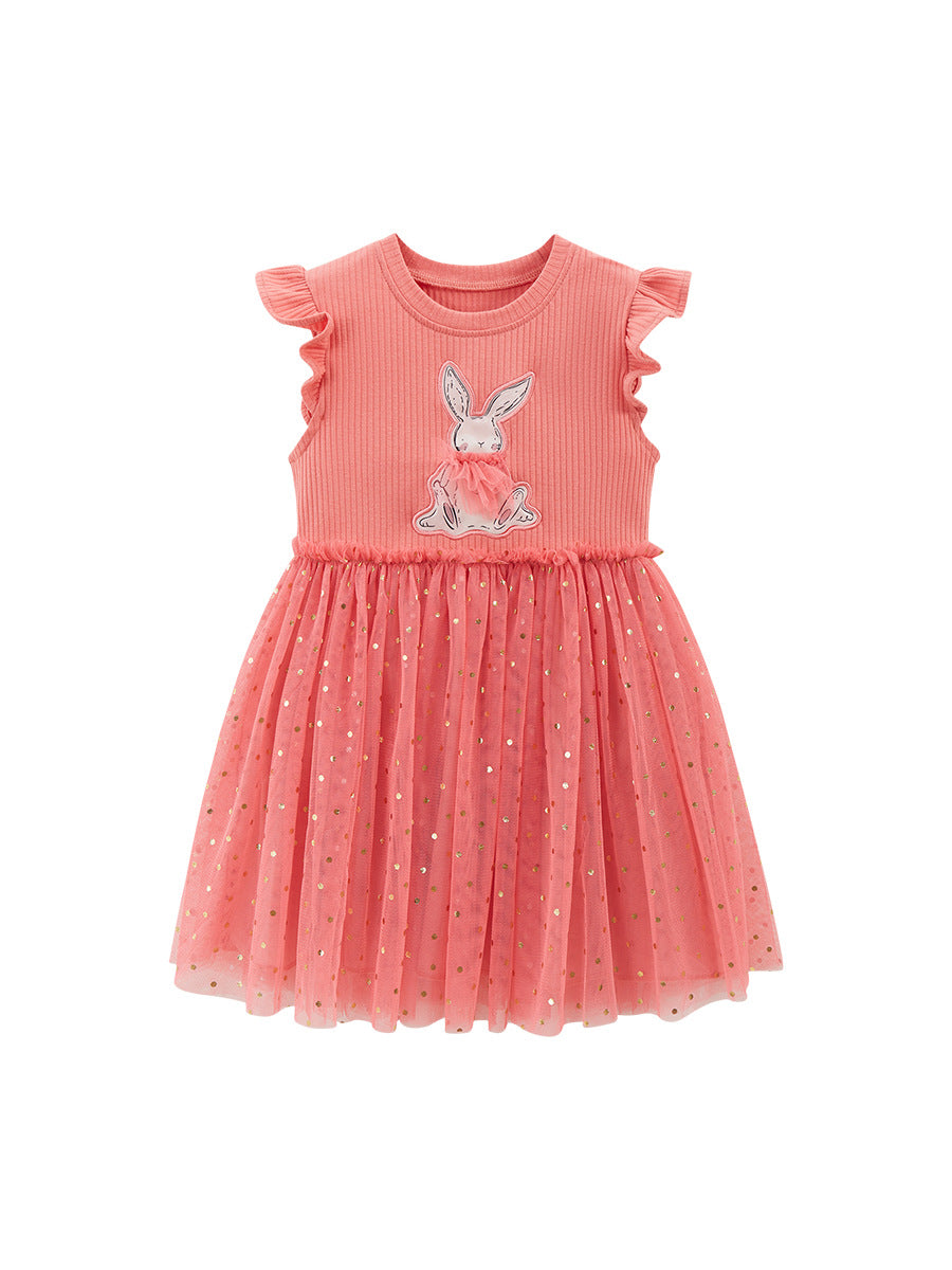 A vibrant red sleeveless chiffon dress for baby girls featuring a cute rabbit cartoon design, perfect for summer wear.