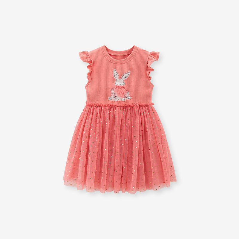 A vibrant red sleeveless chiffon dress for baby girls featuring a cute rabbit cartoon design, perfect for summer wear.