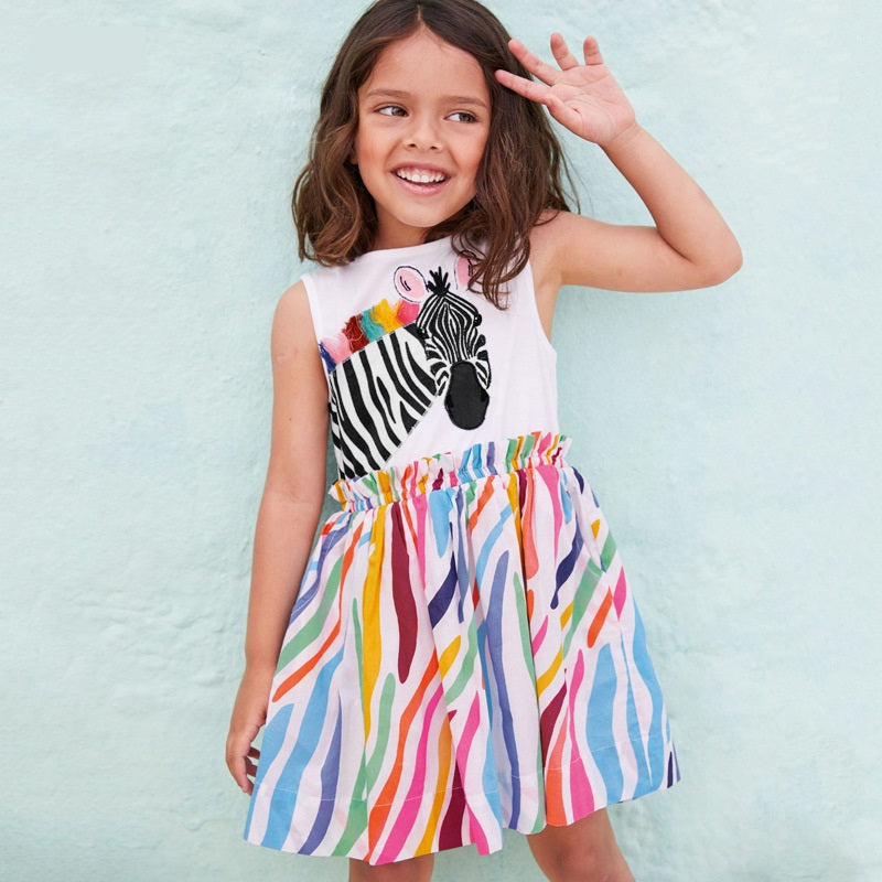 A cute summer dress for baby girls featuring a sleeveless design and playful zebra pattern, made from soft cotton fabric.