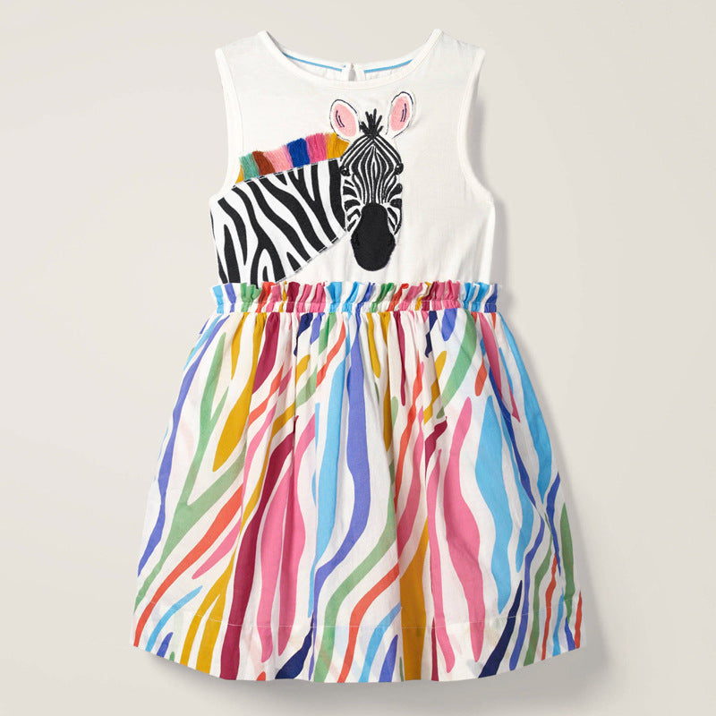 A cute summer dress for baby girls featuring a sleeveless design and playful zebra pattern, made from soft cotton fabric.