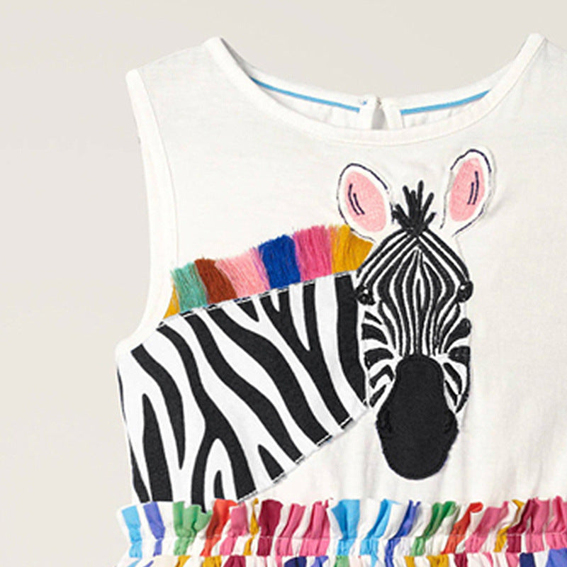 A cute summer dress for baby girls featuring a sleeveless design and playful zebra pattern, made from soft cotton fabric.