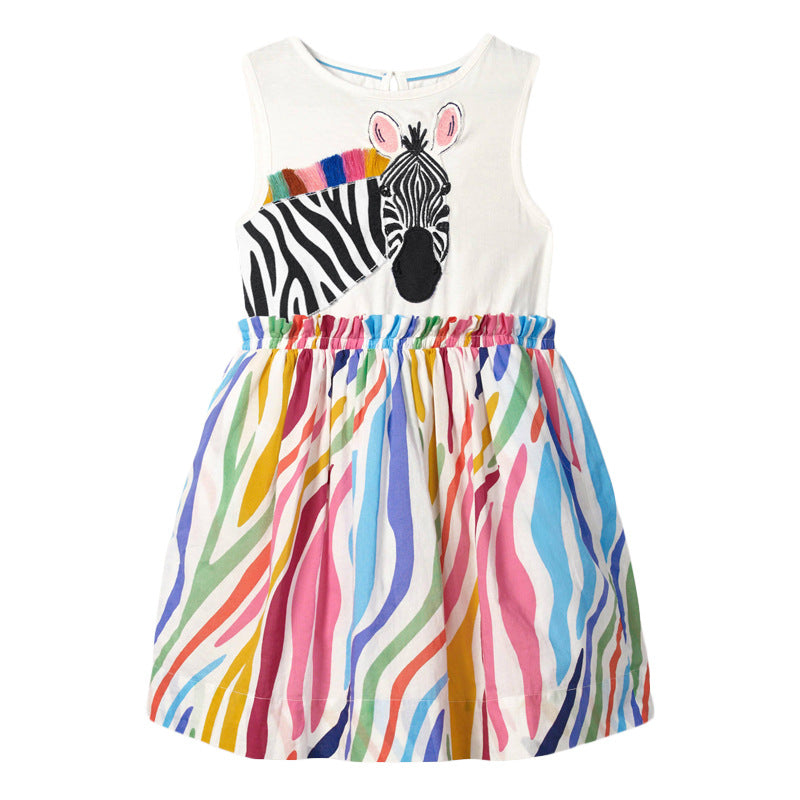 A cute summer dress for baby girls featuring a sleeveless design and playful zebra pattern, made from soft cotton fabric.