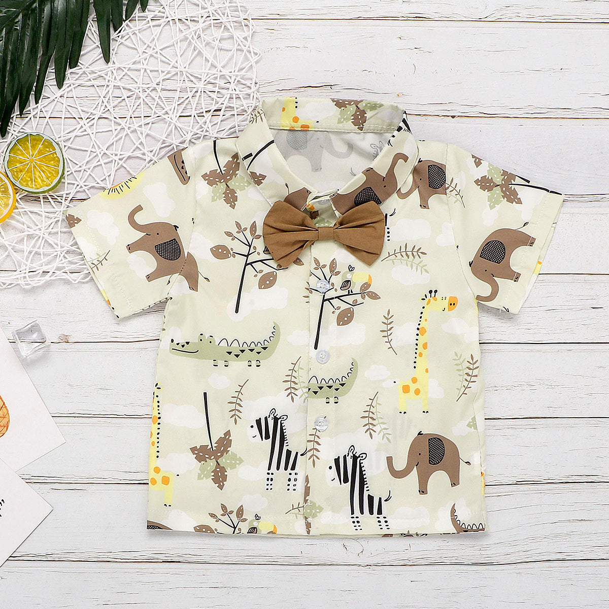 Summer Baby Kids Boys Beige Cartoon Animals Pattern Turn-Down Collar shirt featuring playful animal designs and a stylish collar.