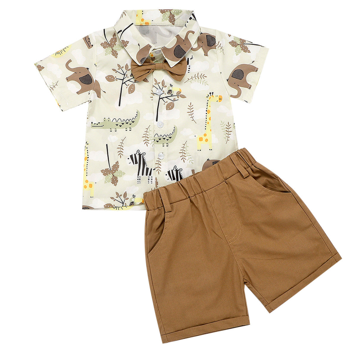 Summer Baby Kids Boys Beige Cartoon Animals Pattern Turn-Down Collar shirt featuring playful animal designs and a stylish collar.