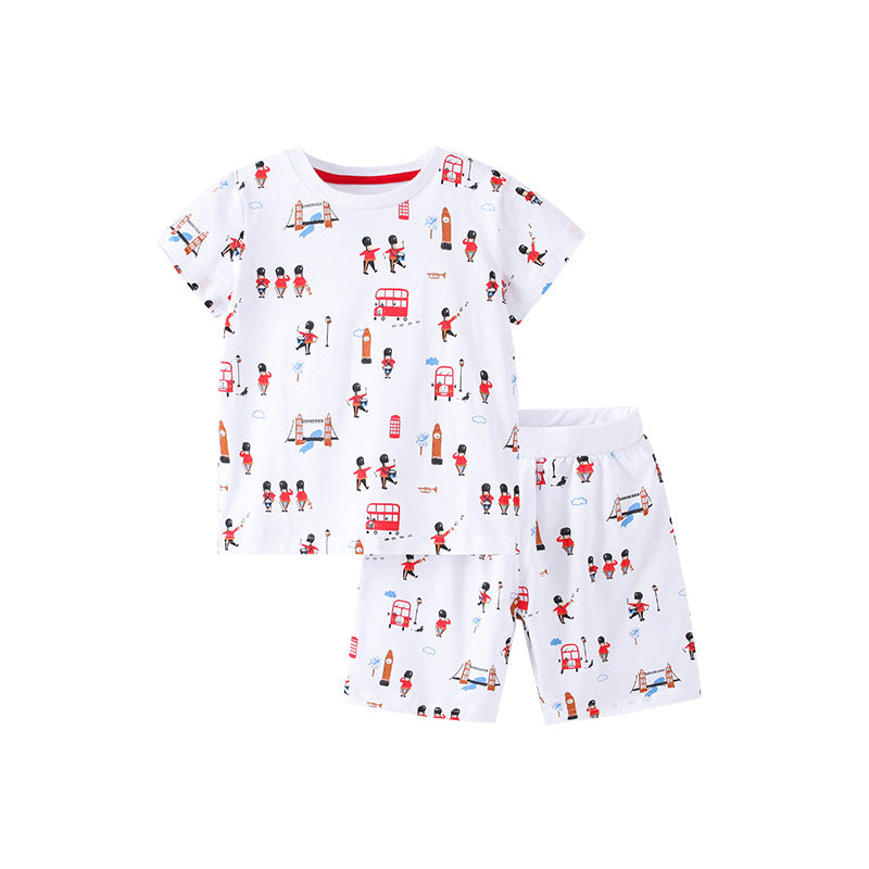 Summer Baby Kids Boys T-Shirt and Shorts set featuring a cartoon royal guard pattern in white, perfect for warm weather.