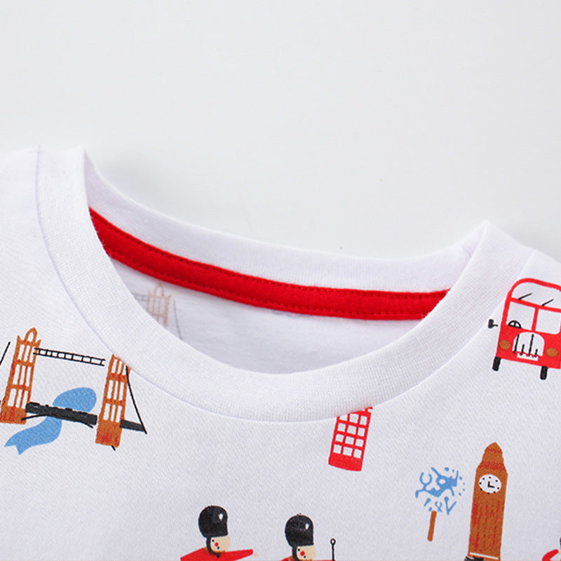 Summer Baby Kids Boys T-Shirt and Shorts set featuring a cartoon royal guard pattern in white, perfect for warm weather.