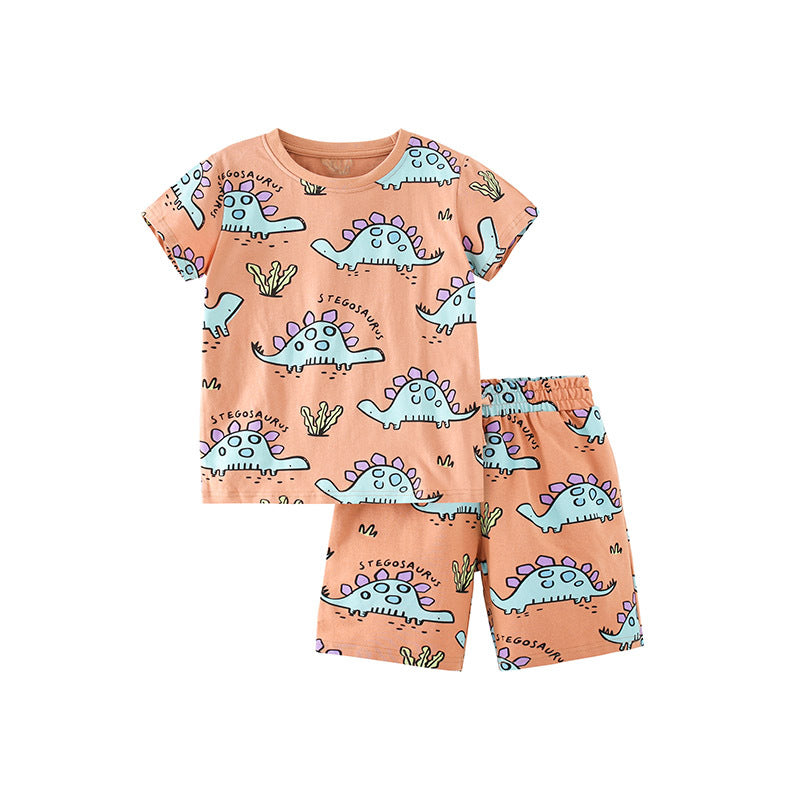 Summer Baby Kids Boys Dinosaur Cartoon Pattern T-Shirt and Shorts set in vibrant orange, featuring playful dinosaur graphics.