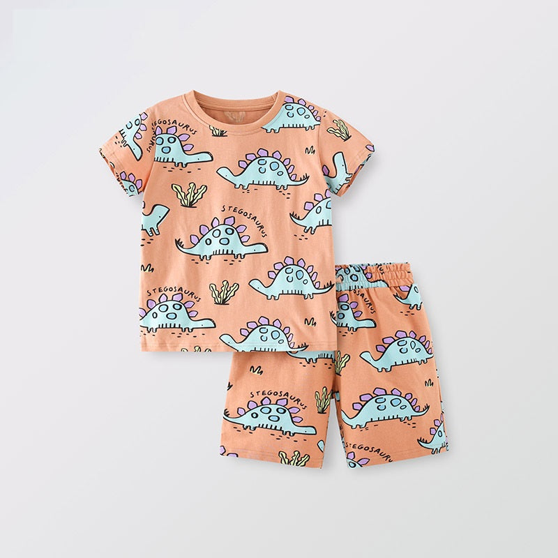 Summer Baby Kids Boys Dinosaur Cartoon Pattern T-Shirt and Shorts set in vibrant orange, featuring playful dinosaur graphics.