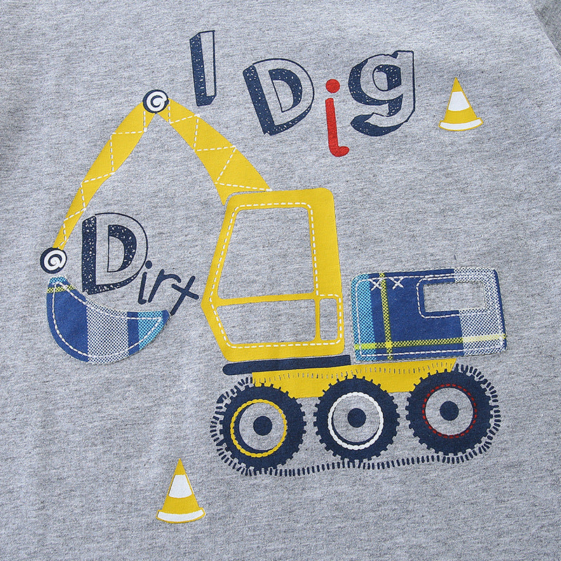 Summer Baby Kids Boys Excavator Cartoon Print T-Shirt paired with plaid shorts, showcasing a playful design perfect for summer outings.