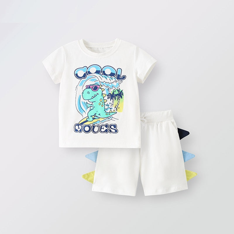 Summer Baby Kids Boys T-Shirt featuring a refreshing dinosaur cartoon pattern in white, made from soft cotton material.