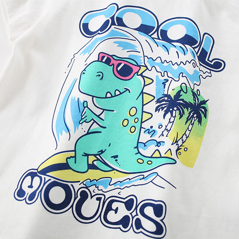 Summer Baby Kids Boys T-Shirt featuring a refreshing dinosaur cartoon pattern in white, made from soft cotton material.