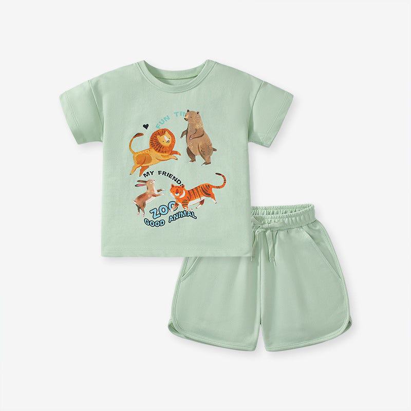 Summer Baby Kids Girls T-Shirt and Shorts set featuring cartoon animal prints in vibrant green color, perfect for summer wear.