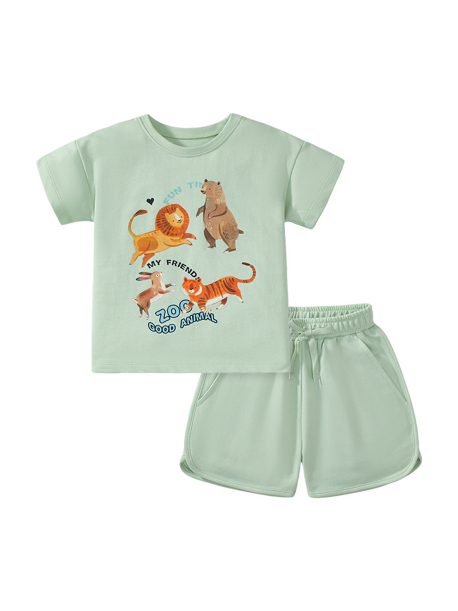 Summer Baby Kids Girls T-Shirt and Shorts set featuring cartoon animal prints in vibrant green color, perfect for summer wear.