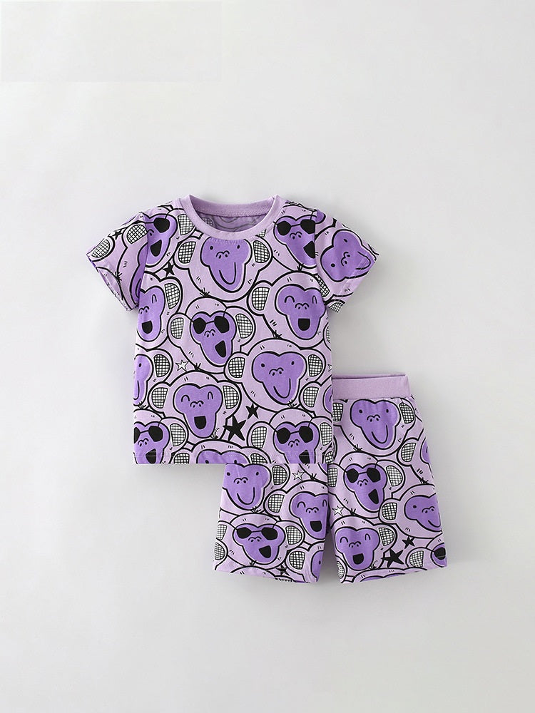 Summer Baby Kids Girls T-Shirt featuring a cartoon monkey pattern in vibrant purple color, perfect for warm weather.