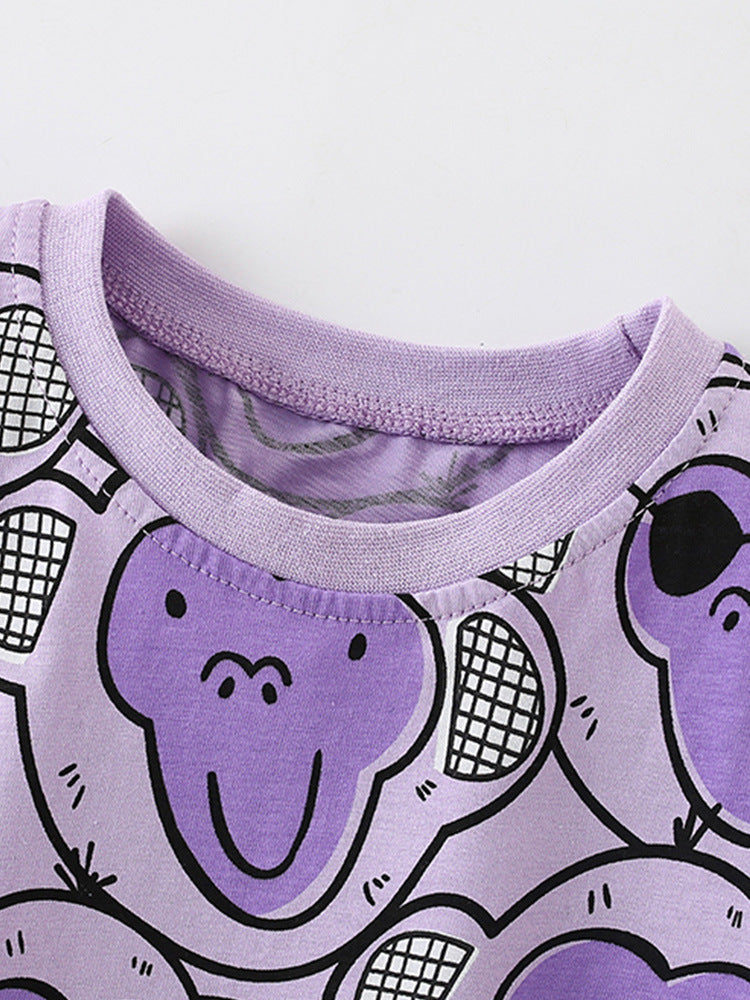 Summer Baby Kids Girls T-Shirt featuring a cartoon monkey pattern in vibrant purple color, perfect for warm weather.