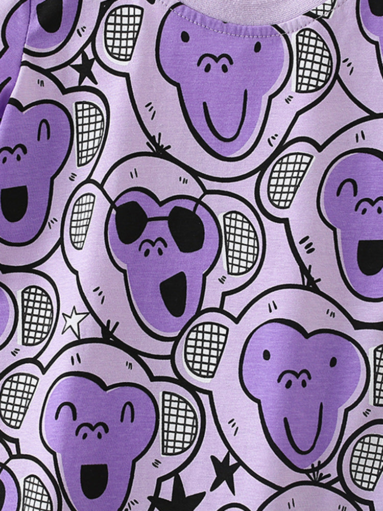 Summer Baby Kids Girls T-Shirt featuring a cartoon monkey pattern in vibrant purple color, perfect for warm weather.