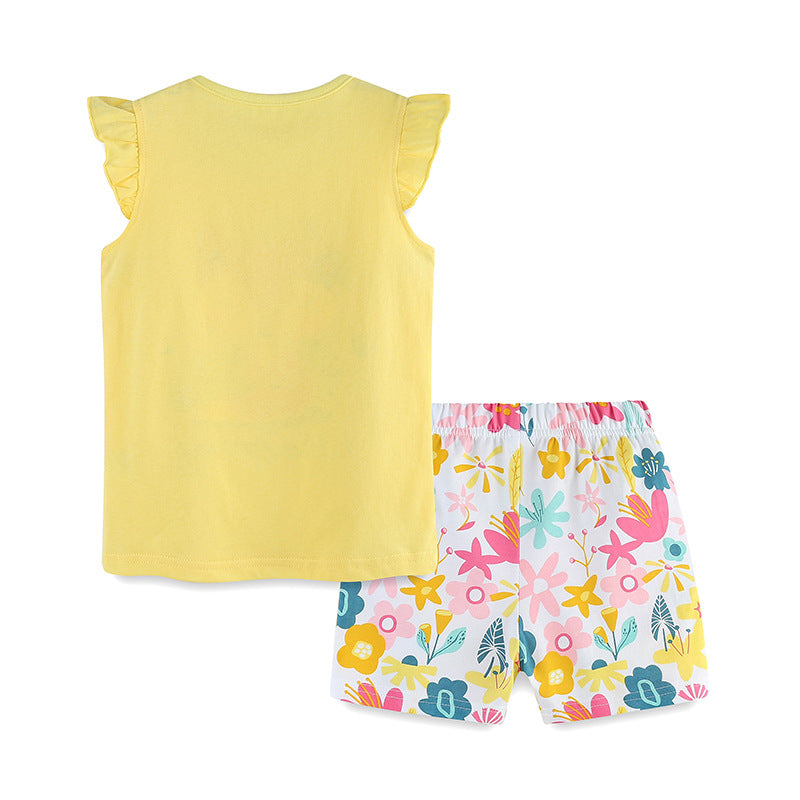 Summer Baby Kids Girls Floral Fox Cartoon Print T-Shirt and Shorts set in yellow, featuring a cute floral fox design, perfect for summer wear.