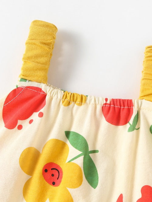 A bright yellow sleeveless dress with a floral pattern designed for baby girls, perfect for summer outings.