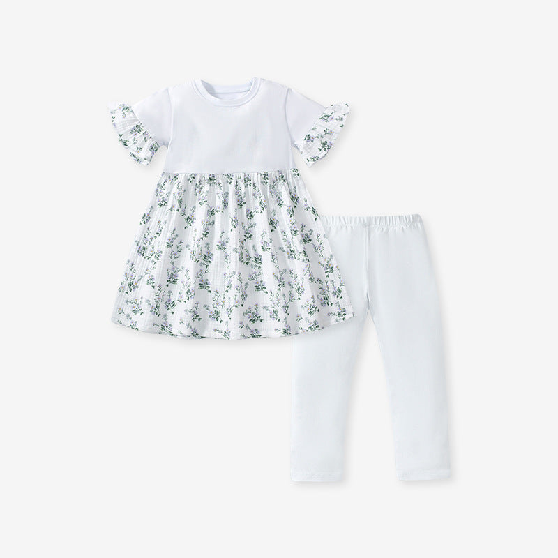 A stylish summer outfit for baby girls featuring a floral print patchwork dress and white pants, perfect for warm weather occasions.