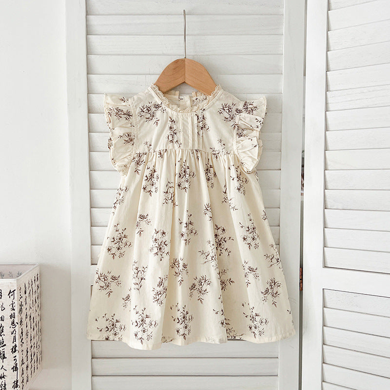 Summer Baby Kids Girls Floral Vine Pattern Sleeveless Crew Neck dress in beige and apricot colors, showcasing a beautiful floral design.