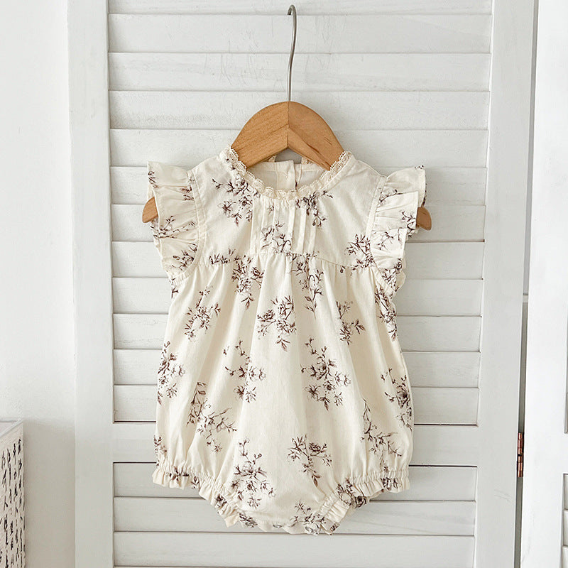 Summer Baby Kids Girls Floral Vine Pattern Sleeveless Crew Neck dress in beige and apricot colors, showcasing a beautiful floral design.