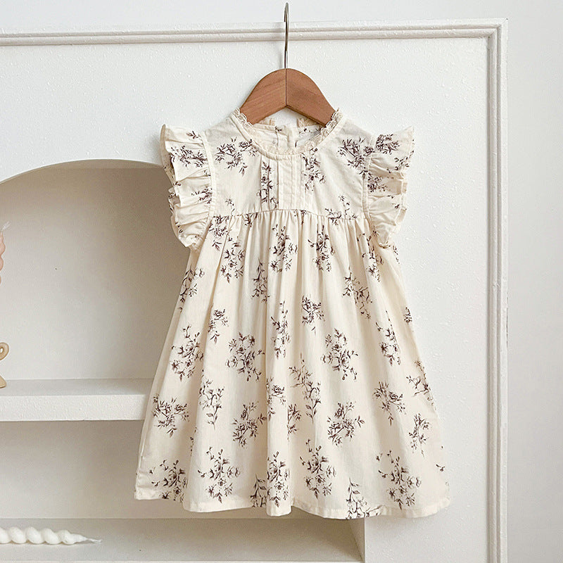 Summer Baby Kids Girls Floral Vine Pattern Sleeveless Crew Neck dress in beige and apricot colors, showcasing a beautiful floral design.