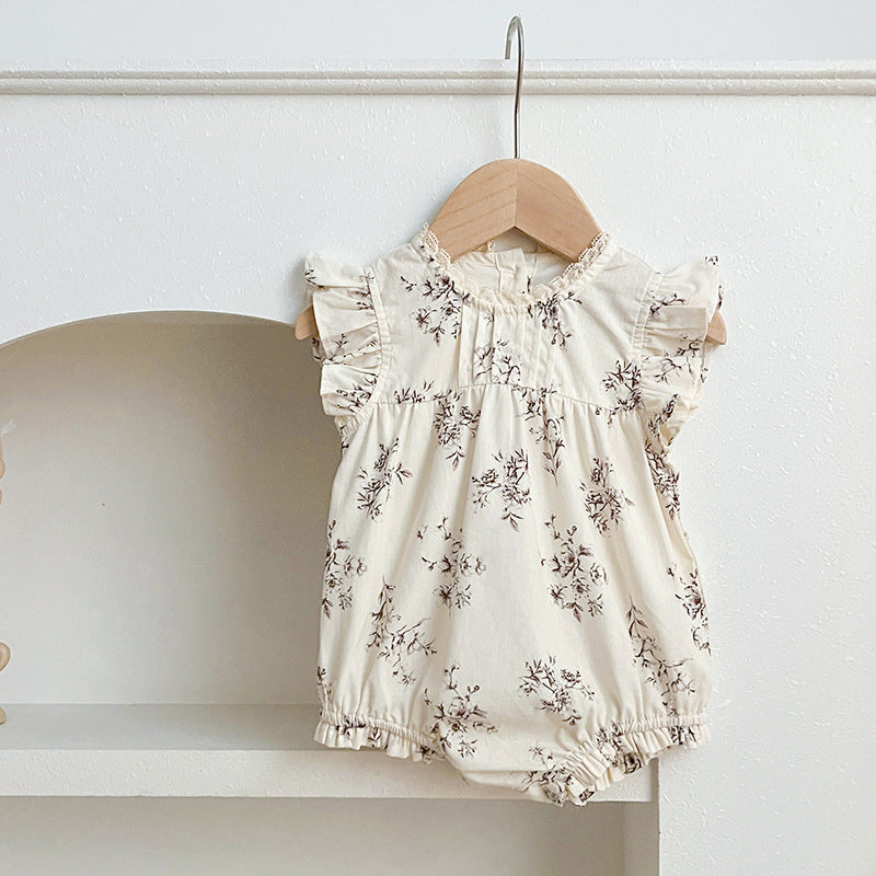 Summer Baby Kids Girls Floral Vine Pattern Sleeveless Crew Neck dress in beige and apricot colors, showcasing a beautiful floral design.