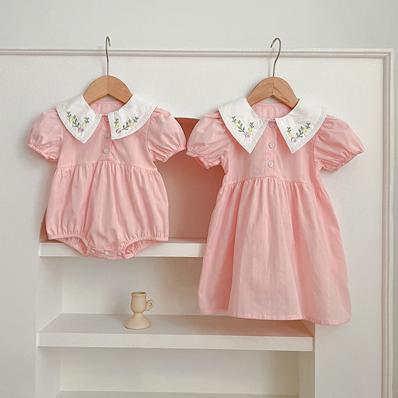 Summer Baby Kids Girls Flowers Embroidery Collar Onesies in pink and light pink, featuring floral embroidery and a comfortable fit.