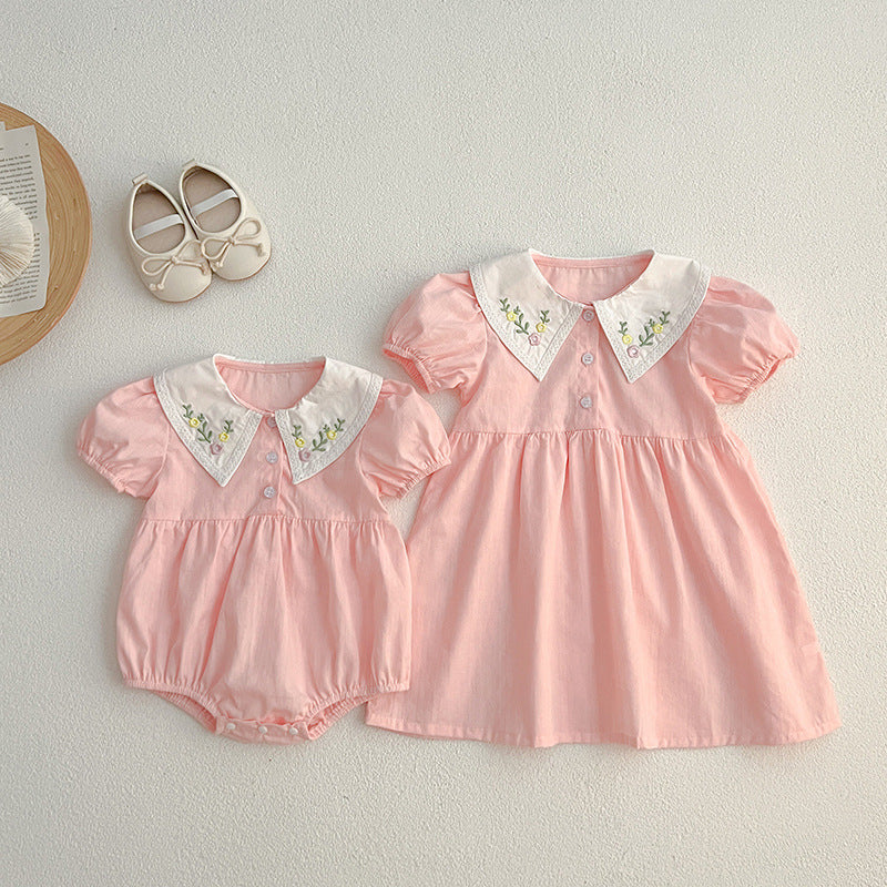 Summer Baby Kids Girls Flowers Embroidery Collar Onesies in pink and light pink, featuring floral embroidery and a comfortable fit.