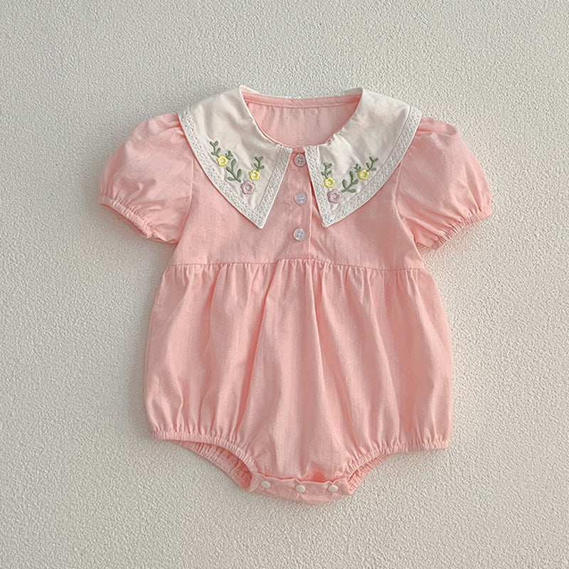 Summer Baby Kids Girls Flowers Embroidery Collar Onesies in pink and light pink, featuring floral embroidery and a comfortable fit.