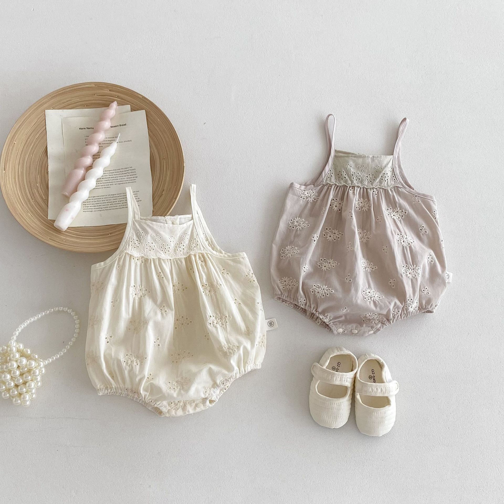 Summer Baby Kids Girls dress featuring floral embroidery pattern in beige and coffee colors, perfect for warm weather.