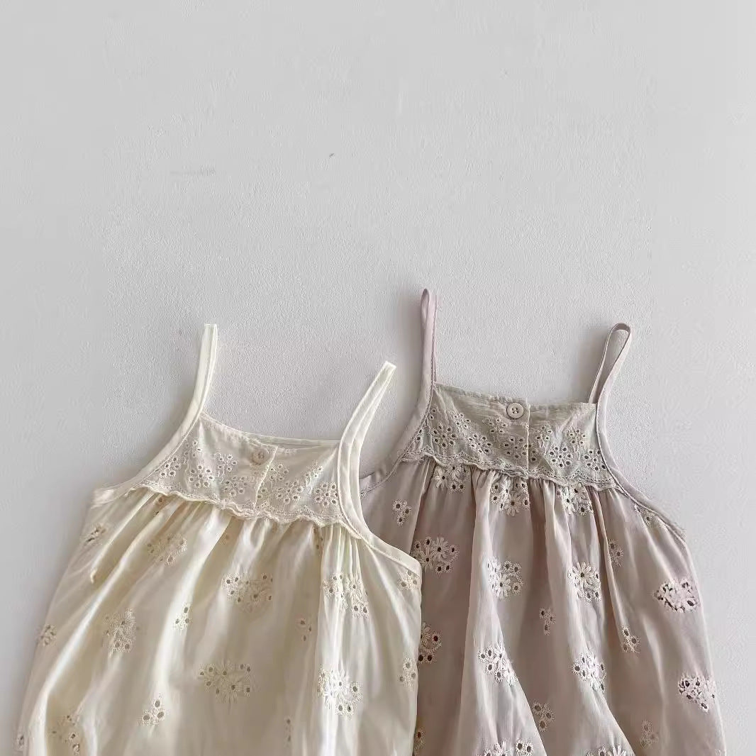 Summer Baby Kids Girls dress featuring floral embroidery pattern in beige and coffee colors, perfect for warm weather.