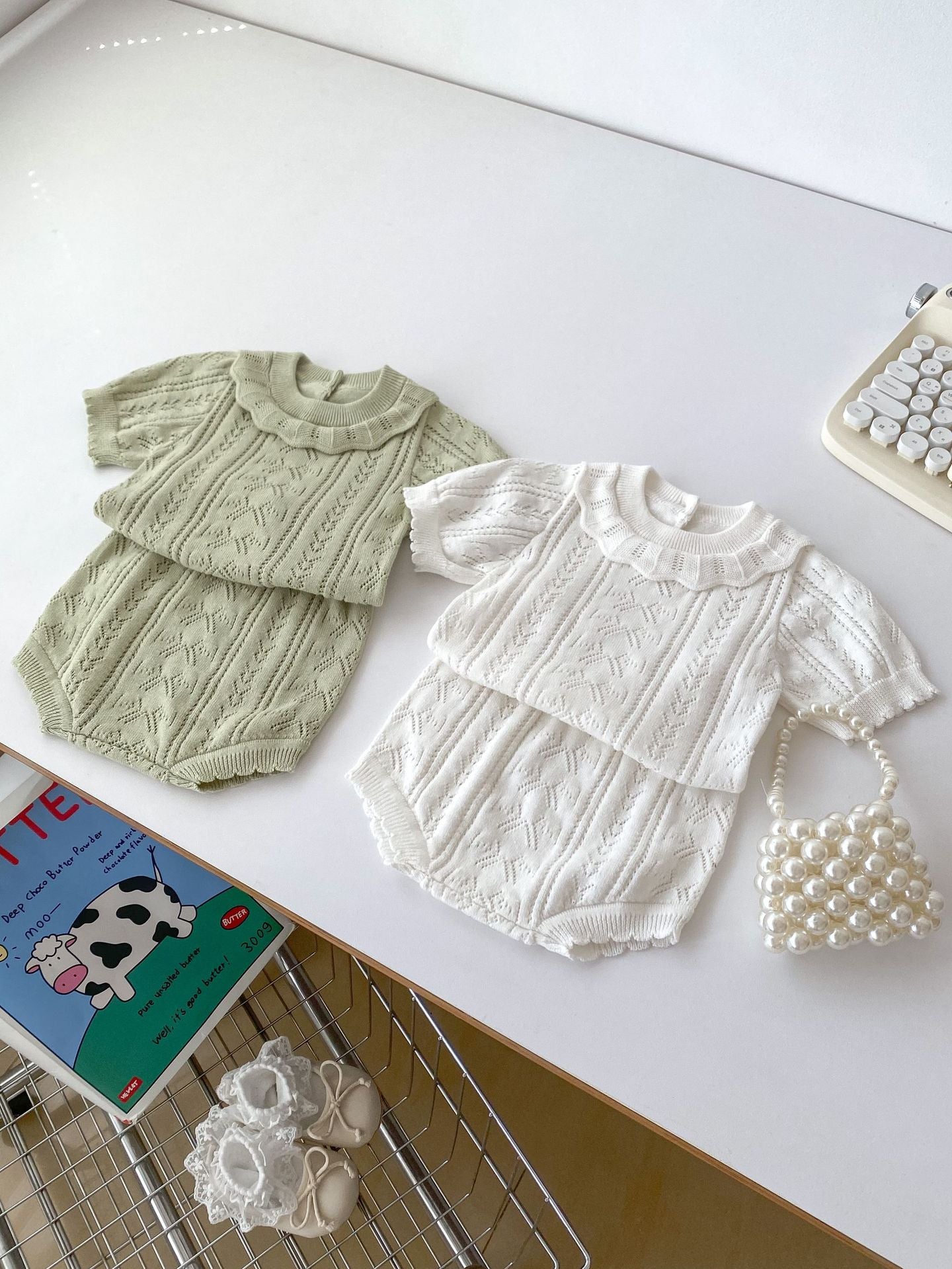 Summer Baby Kids Girls Hollow Out Knitting Pattern Pullover Top in White and Green, showcasing a stylish design for infants and toddlers.